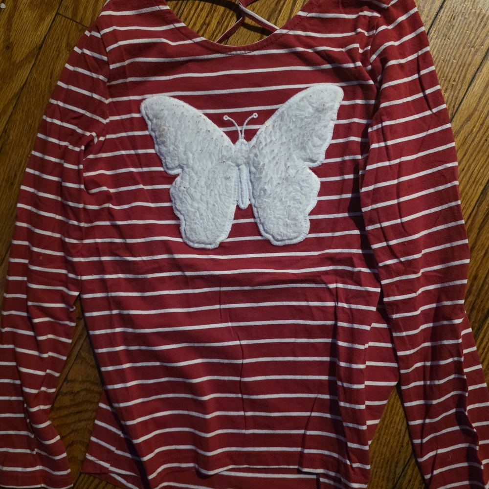 Red & White Striped Butterfly Applique Top